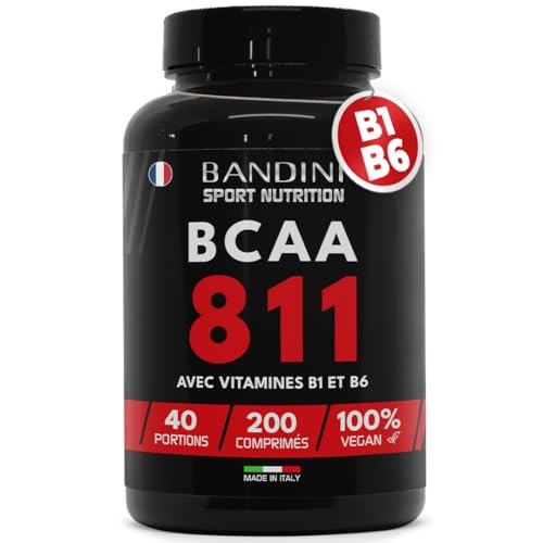 Bandini® BCAA 8.1.1 | Acides Aminés à Chaîne Ramifiée, Leucine, Isoleucine, Valine + Vitamine B1 et B6 | Récupération Musculaire Pré et Post Workout | Acide Amines 8:1:1 (200 unité (Lot de 1))