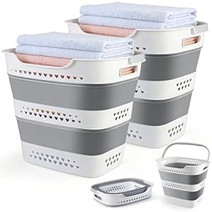 Collapsible Laundry Baskets Foldable Pop Up Laundry Hamper Plastic with Comfort Handles Folding Laundry Basket Space Saving Portable Dirty Clothes Hamper Storage Container/Organizer (Grey, 2 Packs)