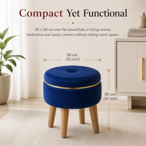 Image of Ottoman Stool for Living Room Foot Rest | Velvet Small Ottoman Foot Stool | Solid Wood Legs | Footstool Puffy for Home, Bedroom & Makeup Table | 30 x 30 cm (12 x 12 Inch) | Royal Blue