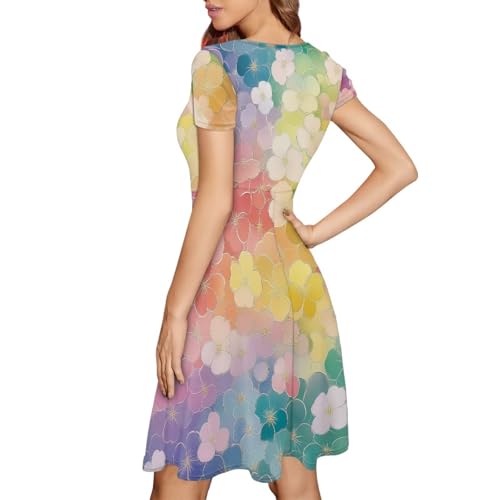 Image of POLERO Women Puffy Swing Elegant Party Midi Dresses Short Sleeve Round Neck A-Line Dress