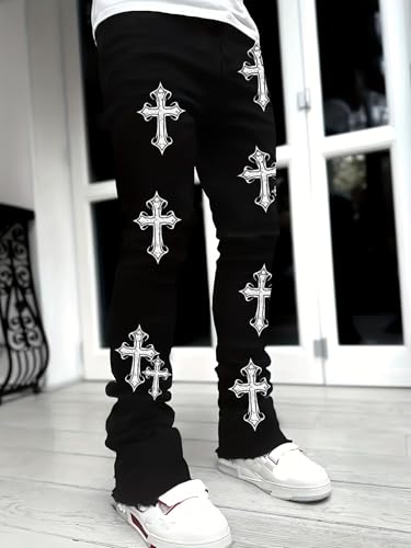 Men's Distressed Cross Print Denim Jeans - Raw Hem Streetwear Pants, Breathable Stretch Club Wear3