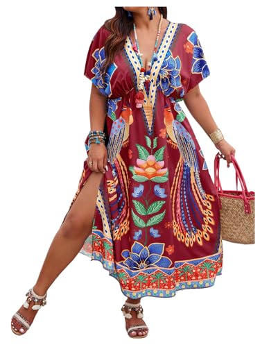 Image of Floerns Women's Plus Size Tribal Print Dolman Sleeve Slit Summer Maxi A Line Dress