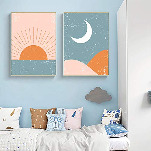 Peinture sur toile soleil et lune 70x100 cm lot de 2 tableaux sans cadre pour salon