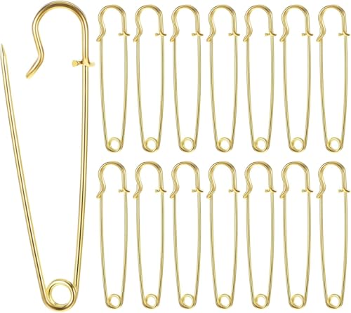 Image of 12 Pcs Large Safety Pins, 2 Inch Heavy Duty, Gold, Stainless Steel, Blanket & Clothes Pins