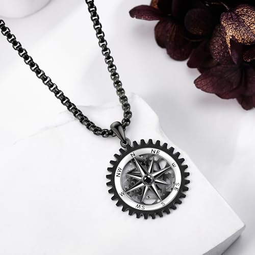 Compass Necklace for Men 925 Sterling Silver Black Compass Pendant for Men Compass Jewelry Gifts for Father Husband Boyfriend4