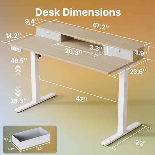 Image of HUANUO 47.2 inch X 23.6 inch Electric Standing Desk with 2 Drawers, C-Clamp Mount Compatible, Height Adjustable Computer Desk, Home Office Stand Up Desk with 4 Preset Heights & 2 Hooks, Light Walnut