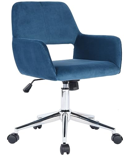 FurnitureR Home Office Chair, Mid Back Velvet Upholstered Vanity Desk Chairs with Rolling Wheels, Adjustable Task Chair for Living Room, Bedroom, Make-up, Studying, Small Spaces - Dark Blue