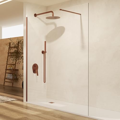 IMEX   Mampara Ducha Fija Oro Rosa 100cm Frontal con Brazo de Sujeción | Mampara de Cristal Antical y Perfilería de Aluminio con 200cm de Altura | Vidrio con Grosor 8mm y Sistema de Montaje Fácil