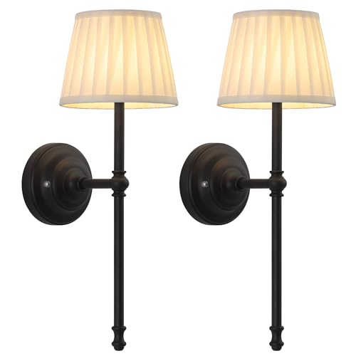 NEWSEE Battery Operated Wall Lights Set of 2, Cordless LED Fabric Wall Sconces, 5200mAh Rechargeable, Dimmable with Touch & Remote Control, Wireless Lamp for Hallway, Bedroom Living Room (Black)