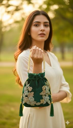 Image of Velvet Potli Bag with Golden & Silver Beaded Flower Embroidery - Handcrafted Ethnic Drawstring Bag for Weddings, Parties & Festive Gifts - Beaded Handle & Tassels for Women