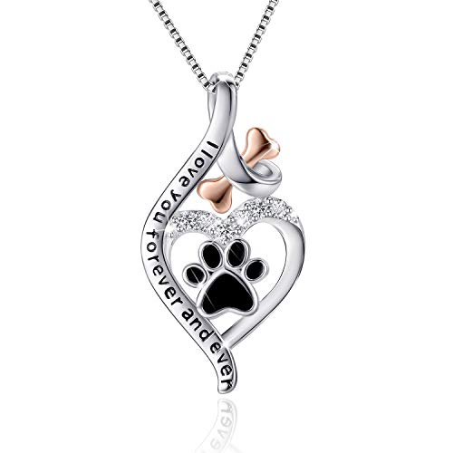 VANLAMS Womens 925 Sterling Silver Bone Love Heart Dog Paw Print Pendant Necklace I Love You Forever and Ever, Gifts for Dog Owner