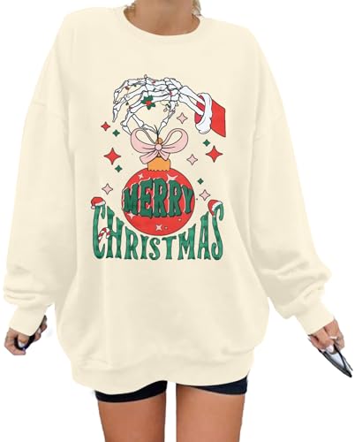 MNLYBABY Oversized Merry Christmas Sweatshirt Women: Spooky Skeleton Sweater Xmas Skeleton Hand Pullover Goth Christmas Tops, Apricot, XXL