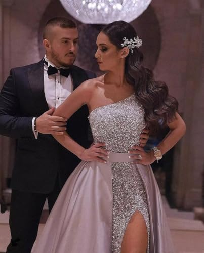 Dymaisei One Shoulder Sequin Prom Dresses 2025 Long Satin Mermaid Ball Gowns Sparkly Formal Dresses with Detachable Train3