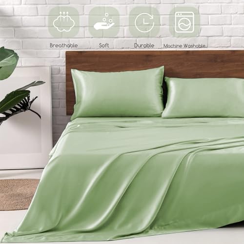 Image of MR&HM Satin Bed Sheets with Elastic Corner Straps, Full Size Sheets Set, 4 Pcs Silky Bedding Set with 15 Inches Deep Pocket for Mattress (Full, Light Sage)