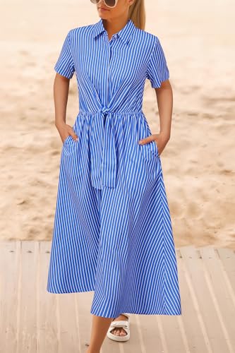 Image of Newshows Women's Work Business Casual Outfits Tie Waist Midi Shirt Dress | Lightweight & Breathable Easy-care Fabric, Side Pockets, Decent Professional Attire, Church Office Funeral Outfits
