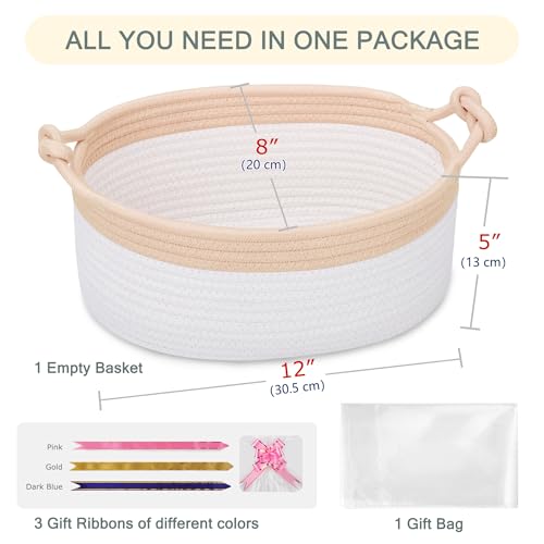 Image of COMSE Small Gift Basket Empty with Bag & Ribbons, Beige & White