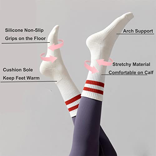 Jczanxi Yoga Socks With Grips For Women, Non Slip Grip Socks For Pilates, Barre, Workouts | Ideal Cushioned Crew Socks (Stripe White/Beige- 2Pairs) #TOP3
