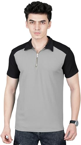 Image of London Hills Men's Loose Fit Half Sleeve Color Block Polo T-Shirt with Zip Collar | Premium Polyester Fabric | T Shirt for Man | Tshirt | Shirts Men | Tshirt for Man | Men T-Shirts