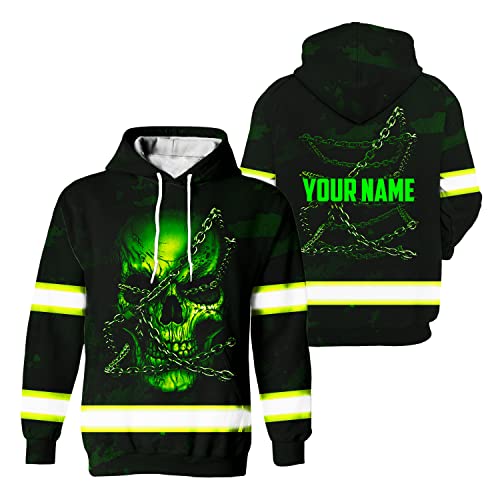 Maddly Hi Vis Hoodie Reflective Green Neon Skull with Chain Custom Name Safety Workwear for Workers, Runners, Cyclists-XL