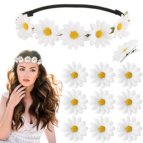 BETESSIN Blumen Haarband Sonnenblumen Stirnband mit 10 Haarspangen Gänsenblümchen Haarschmuck Weiß Haarreif Blumenkranz Damen Mädchen Strand Hochzeit Reise Karneval Party Kopfschmuck