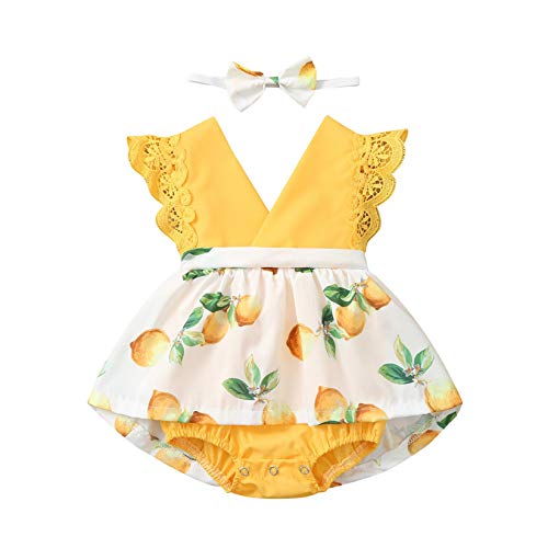 Youmymine Newborn Baby Girls Summer Romper Lemon/Dress Lace Sleeve Dresses Ruffle Skirts + Headbands 0-24 Months (Yellow, 0-6Months)