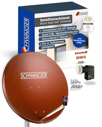 SCHWAIGER Satellitenschüssel Komplettset - Ø 80 cm Stahl Offset Antenne in Rot - Inkl. sonnengeschütztes Quad LNB 4-Fach - Digital HD & 4K Empfang - Integrierte Kabelführung & wetterfest