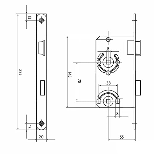 BKS Türschloss WC-Schloss Klasse 1 Dornmaß 55 mm Stulp 20 mm DIN Rechts Entfernung 78 mm Badschloss Einsteckschloss aus Stahl mit Kunststoff-Falle von SOTECH für Badtüren