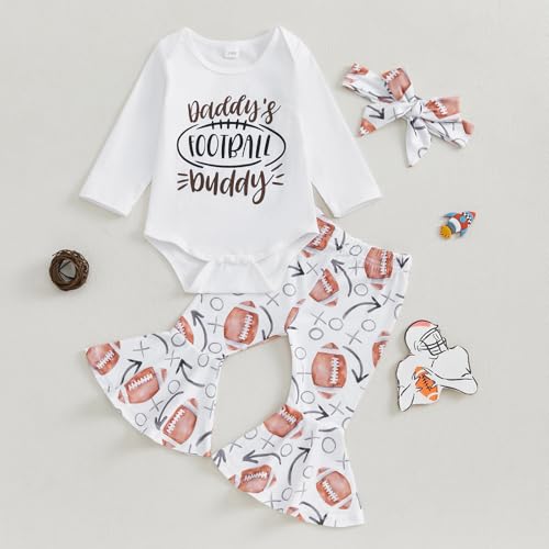 Newborn Baby Girl Football Outfits Daddy’s Football Buddy Long Sleeve Romper Flare Pants Headband Set Fall Clothes2