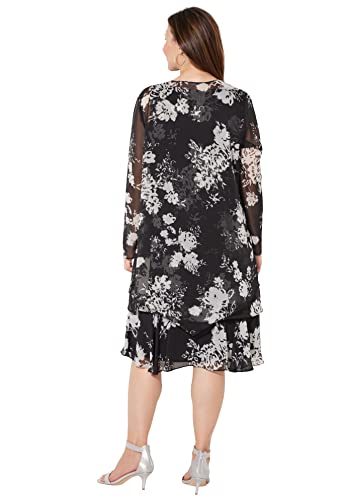 Catherines Women's Plus Size All A-Flutter Chiffon Jacket Dress - 26 W, Black White Floral (0274) #TOP2