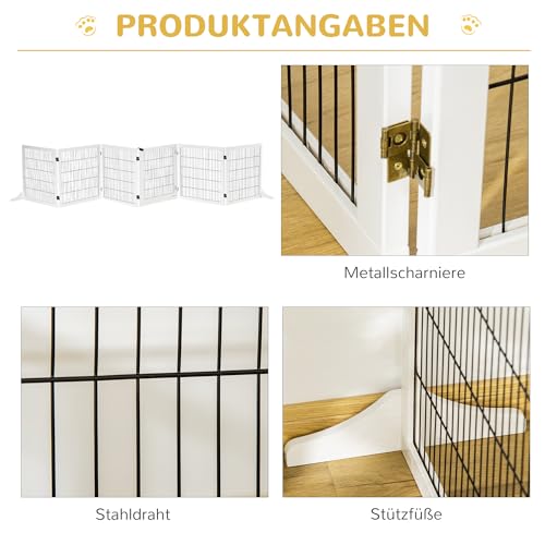 PawHut Absperrgitter Hund Verstellbares Freistehendes Schutzgitter mit Füßen 70H x 432B cm Holz Hundegitter Klappbar Treppenschutzgitter für Treppen, Türen, Flur, Küche, 6 Paneelen, Weiß