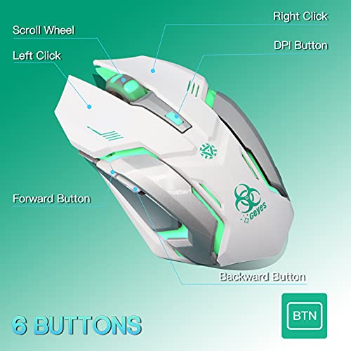 VEGCOO White Wireless Gaming Mouse, Silent Click Wireless Rechargeable Gaming Mouse with Colorful LED Lights and 3 Level DPI for Laptop and Computer (White)