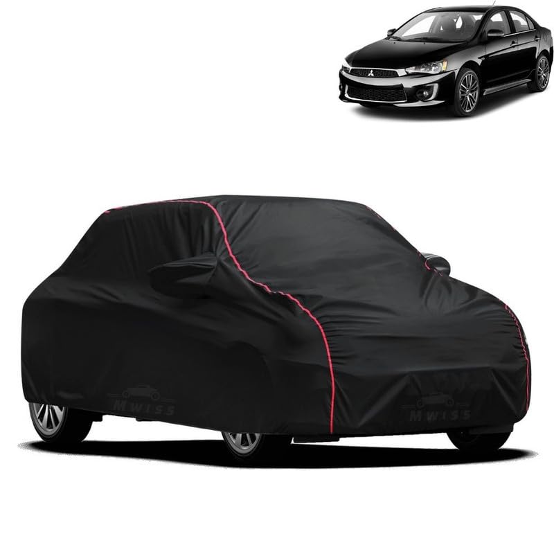 Image of Waterproof Car Cover for Mitsubishi Lancer Evolution | All-Weather Protection, Dustproof & UV Resistant | Triple Stitch Mirror Pockets, Windproof Buckle Strap with Elastic Hem, Black-Red Piping