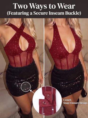 Avidlove Women Sequin Mesh Bodysuit Criss Cross Cutout Body Suit Wine Red S - image 4