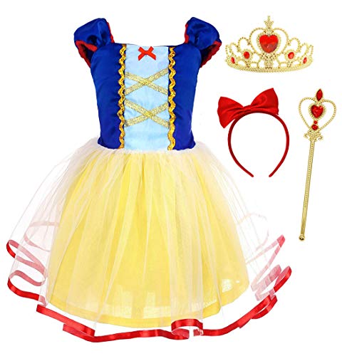 Berich Disfarce de princesa branca de neve para meninas, 3 peças, fantasia de Halloween, presentes de Natal, vestido branco de neve, 5-6 anos (azul, 140)