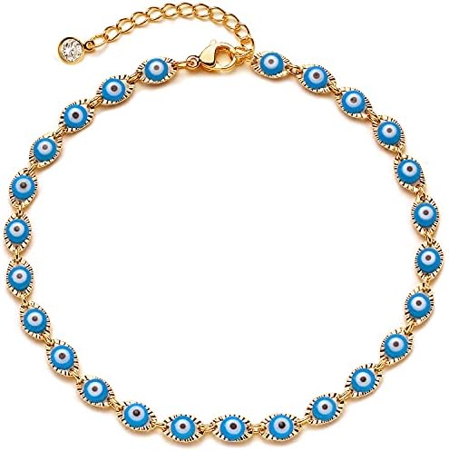 Blue Evil Eye Ankle Bracelet for Women, 14K Gold Plated Dainty Evil Eye Anklet Turkish Amulet Adjustable Anklets Summer Beach Protection Jewelry for Women Girls
