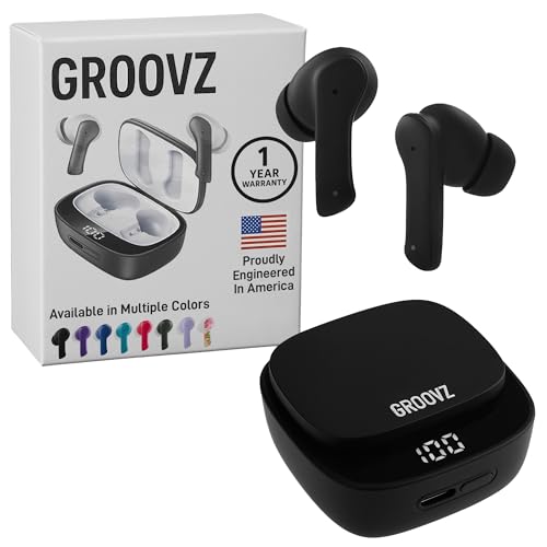 Groovz True Wireless Earbuds with Charging Case - Designed and Engineered in The USA - IPx4 Water Resistant Bluetooth Earbuds Compatible with Apple and Android - 27Hrs Battery Life - Black