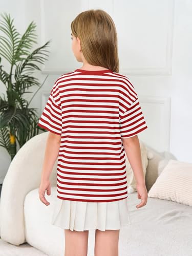 Image of Haloumoning Girls Striped Short Sleeve T Shirts Kids Summer Oversized Tops Casual Crewneck Tees 5-14 Years