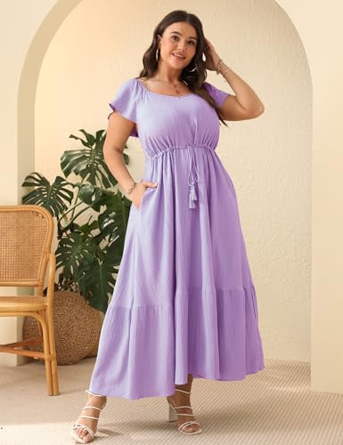ShopWonder Women Plus Size Boho Maxi Dress Short Sleeves High Waist Ruffle Casual Summer Dress with Pockets3