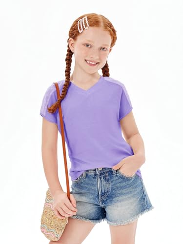 Image of Haloumoning Girls V Neck T-Shirts Kids Summer Swiss Dot Short Sleeve Tops Cute Fashion Tees 5-14 Years