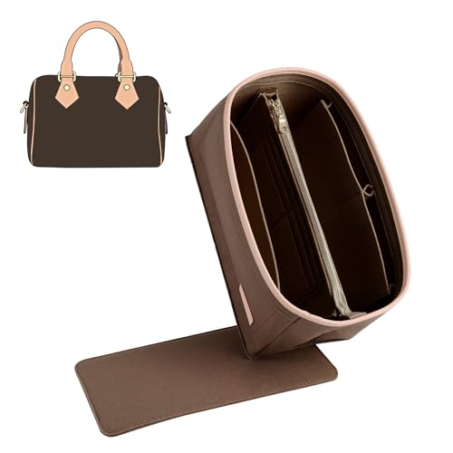 OAikor Purse Organizer Insert Compatible with LV Speedy 30 Bag Insert Premium Felt Lightweight Bag Organizer with Base Shaper Tote Handbag Inner Divider Purse Accessories with Zipper Pocket Brown