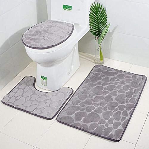 rutschfeste 3 Badteppich Set Super Soft Badteppich und WC Vorleger Memory Foam Pebble Dusche Matte Schnell trocknend Badezimmer Matte Teppich, U-förmigen Contour Matte und WC-Sitz Bezug,Grau – Bild 3