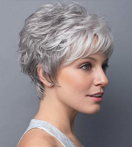 SEVENCOLORS Short Grey Wigs for White Women Pixie Cut Gray Wigs with Bangs Natural Curly Synthetic Hair Short Mixed White Wig for Older Women