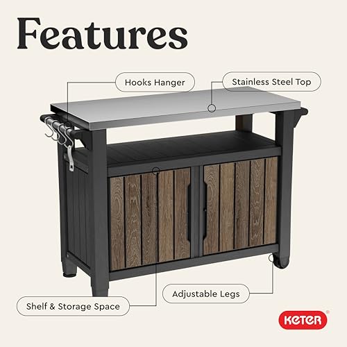 Image of Keter Unity XL Outdoor Entertainment Cart with Wood‑Look Finish, 78‑Gallon Patio Storage Cabinet, Food Prep Station, Stainless‑Steel Top for BBQ, Grill, Patio, Deck & Backyard, Walnut