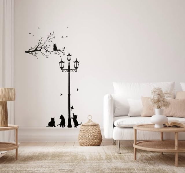 Miniatura 3 de Vinilo adhesivo de pared negro con diseño de ramas de árbol de gatos, decoración de pared familiar con calcomanías estéticas, vinilo de PVC para