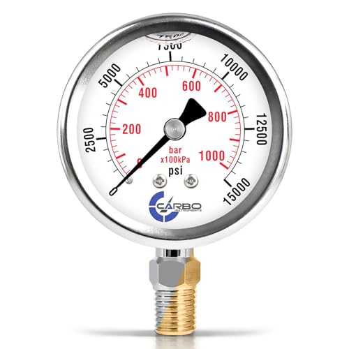 Image of 15000 PSI Glycerin Liquid Filled Pressure Gauge, 2.5 inch Dial, 1 /4 NPT Lower Mount, 304 Stainless Steel Case, Brass Wetted Parts, Dual Scale PSI /Bar - ASME B40.1 Grade A