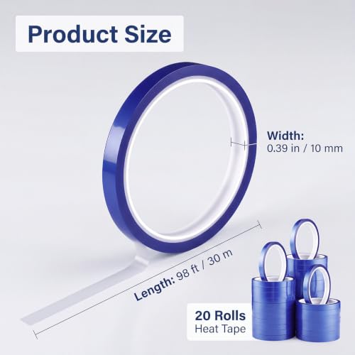 Image of 20 Rolls Heat Sublimation Tape Transfer Tape Bulk 10mm x 30m (98ft) | No Residue Easy to Tear Heat Resistant Tape for Sublimation Press Electronic Soldering Insulation