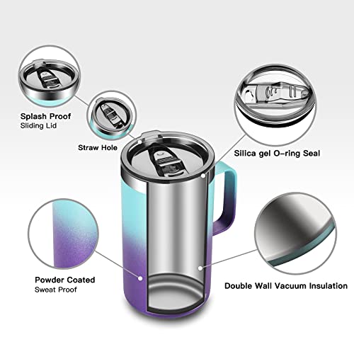Kxiaochen 20Oz Insulated Coffee Mug With Lid, Stainless Steel Coffee Cup, Double Wall Vacuum Coffee Tumbler With Handle, Premium Thermal Travel Coffee Mug (Blue Green+Purple) #TOP5