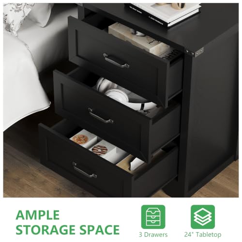 Image of Xixini Nightstand Set of 2 with 3 Storage Drawers, Tall Side Table, Black