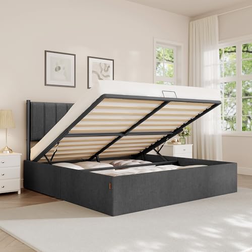 VASAGLE Bettgestell, Bettrahmen, Bett, 180 x 200 cm, klappbar Lattenrost, Unterbettaufbewahrung, Kopfteil, Hydrauliksystem, modern, einfache Montage, schiefergrau RMB618GN01