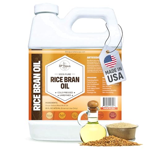 ORGANIC RICE BRAN OIL (16 oz) Premium Cold Pressed Unrefined | 100% Pure Rice Bran Oil for Skin Face Hair Soap Making | Carrier for Essential Oils | Available in Bulk | 16 FL OZ